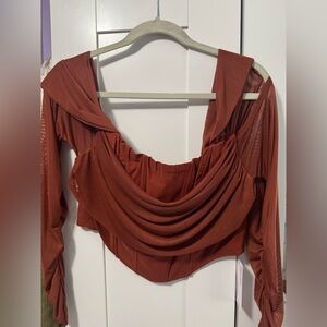 Women's Mesh Sheer Long Sleeve Corset Crop Top Ruched Off Shoulder Blouse